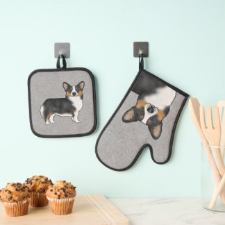 Black Tricolor Pembroke Welsh Corgi Cartoon Dog Oven Mitt &amp; Pot Holder Set