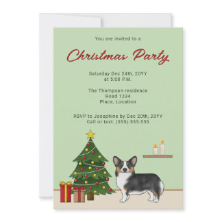 Black Tricolor Pembroke Welsh Corgi Christmas Tree Invitation