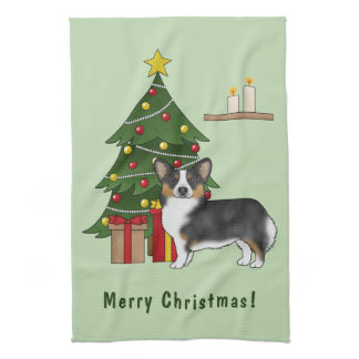 Black Tricolor Pembroke Welsh Corgi Christmas Tree Kitchen Towel