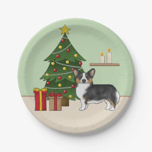Black Tricolor Pembroke Welsh Corgi Christmas Tree Paper Plates