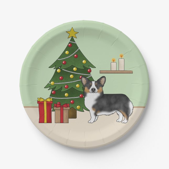 Black Tricolor Pembroke Welsh Corgi Christmas Tree Paper Plates (Front)