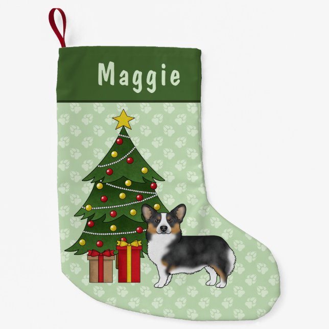 Black Tricolor Pembroke Welsh Corgi Christmas Tree Small Christmas Stocking (Front)