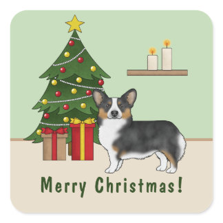 Black Tricolor Pembroke Welsh Corgi Christmas Tree Square Sticker