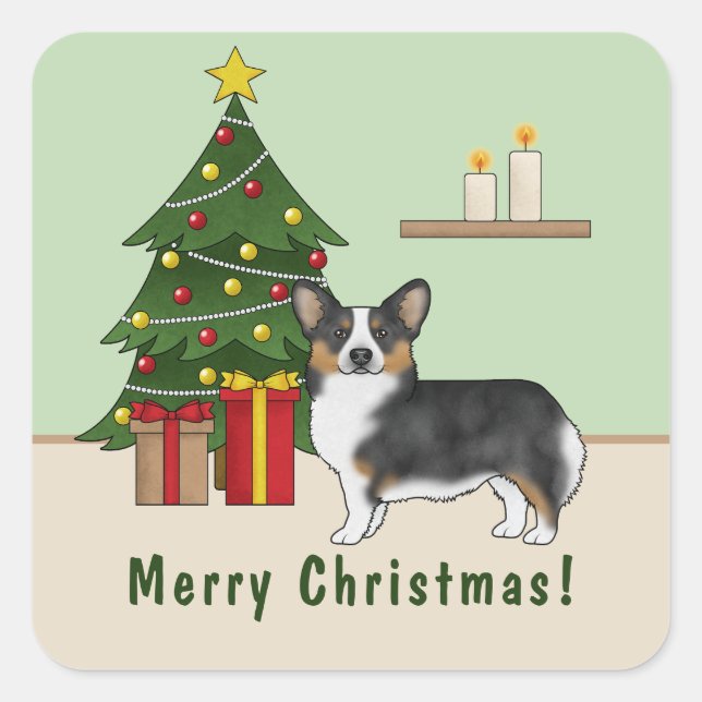 Black Tricolor Pembroke Welsh Corgi Christmas Tree Square Sticker (Front)