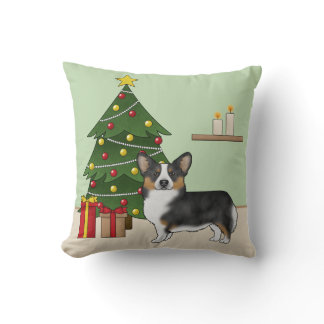 Black Tricolor Pembroke Welsh Corgi Christmas Tree Throw Pillow