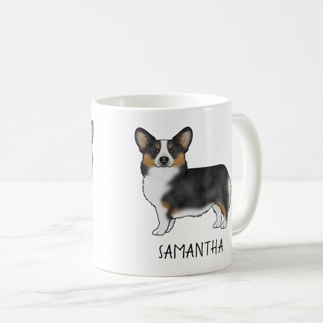 Black Tricolor Pembroke Welsh Corgi Custom Name Coffee Mug (Front Right)
