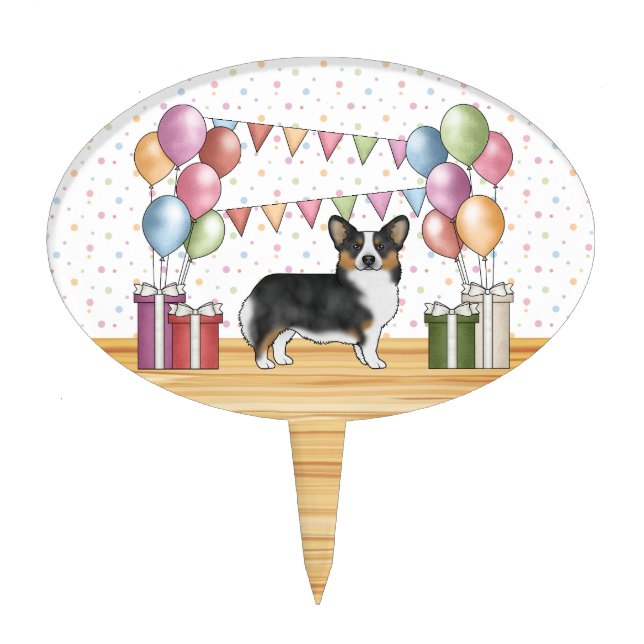Black Tricolor Pembroke Welsh Corgi Cute Birthday Cake Topper (Front)