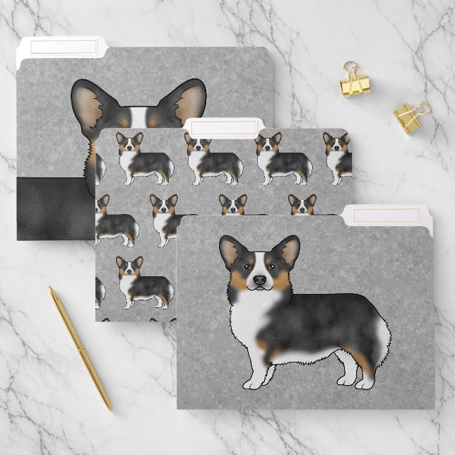 Black Tricolor Pembroke Welsh Corgi Cute Dog Gray File Folder (Set)