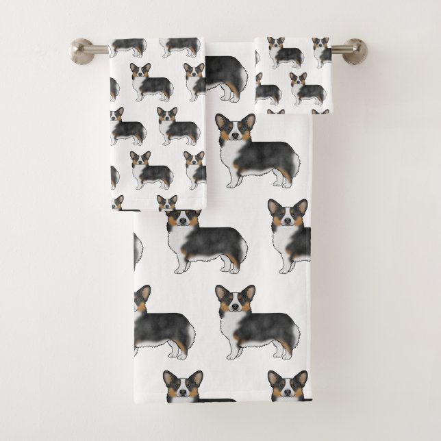Black Tricolor Pembroke Welsh Corgi Dog Pattern Bath Towel Set (Insitu)