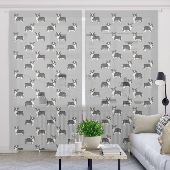 Black Tricolor Pembroke Welsh Corgi Dog Pattern Sheer Curtains (Living Room)