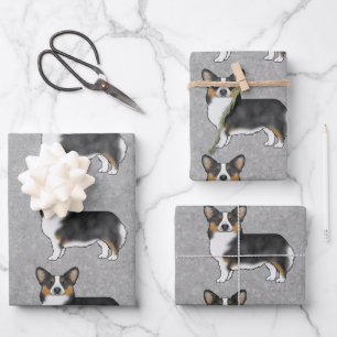 Black Tricolor Pembroke Welsh Corgi Dogs Pattern Wrapping Paper Sheets