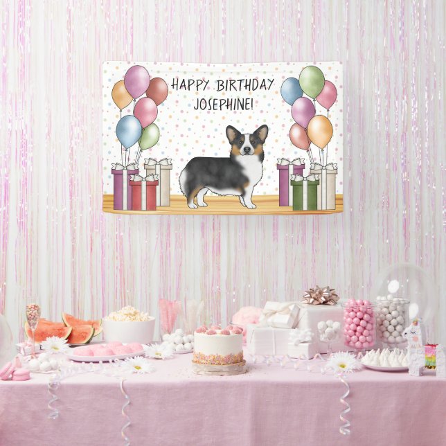 Black Tricolor Pembroke Welsh Corgi Happy Birthday Banner (Party)