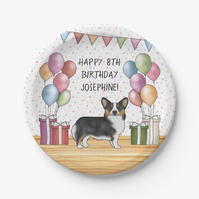 Black Tricolor Pembroke Welsh Corgi Happy Birthday Paper Plates (Front)