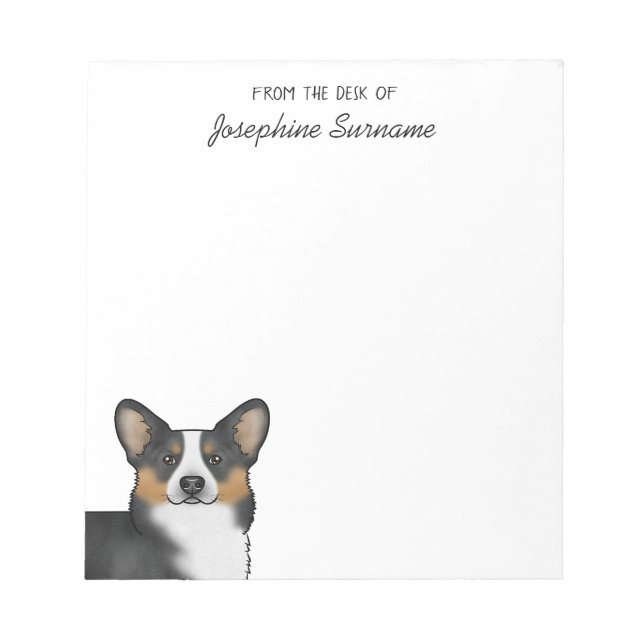 Black Tricolor Pembroke Welsh Corgi Head And Text Notepad (Front)