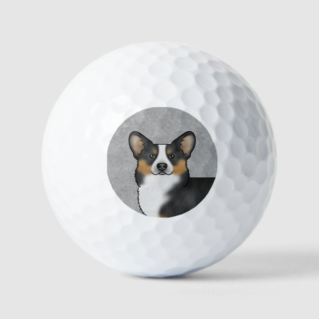 Black Tricolor Pembroke Welsh Corgi Head Portrait Golf Balls (Front)
