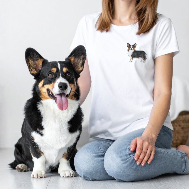 Black Tricolor Pembroke Welsh Corgi Little Dog T-Shirt (Please note: This image is a digitally created mockup.)