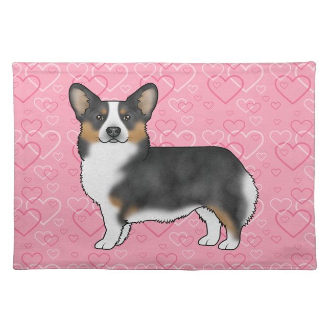 Black Tricolor Pembroke Welsh Corgi Love Pink Cloth Placemat (Front)