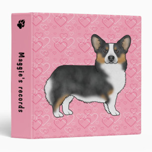 Black Tricolor Pembroke Welsh Corgi Pink Hearts 3 Ring Binder