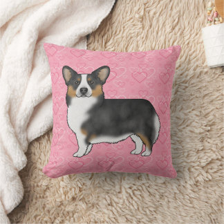 Black Tricolor Pembroke Welsh Corgi Pink Hearts Throw Pillow