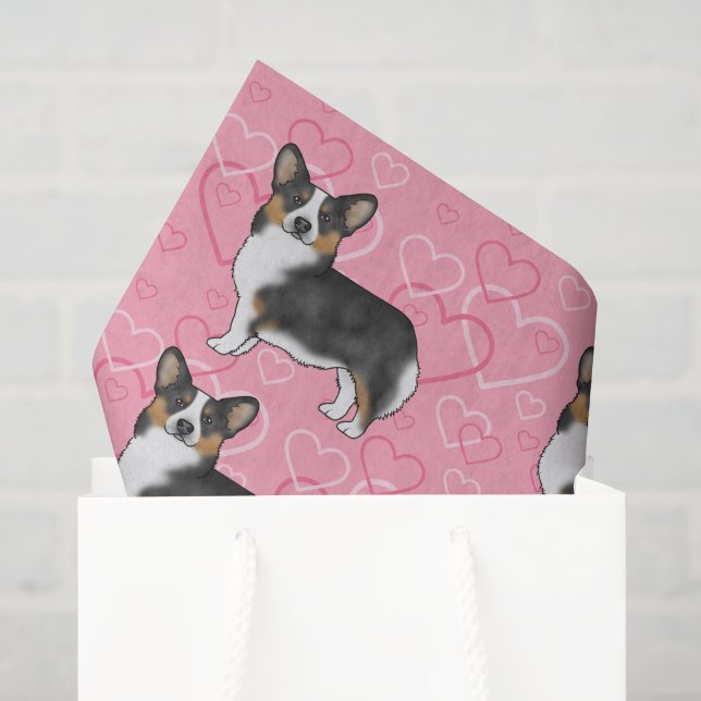 Black Tricolor Pembroke Welsh Corgi Pink Hearts Tissue Paper (Gift Bag)