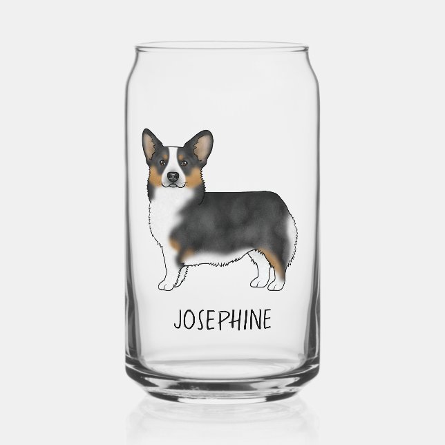 Black Tricolor Pembroke Welsh Corgi With Name Can Glass (Front)