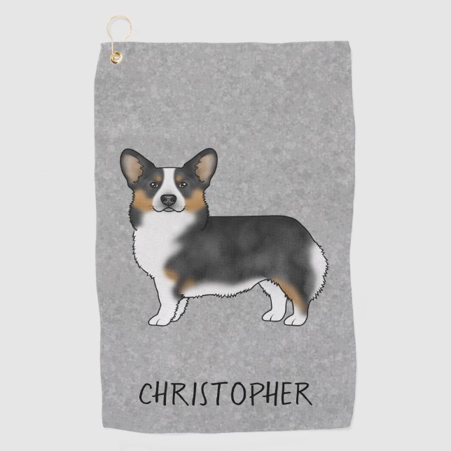 Black Tricolor Pembroke Welsh Corgi With Name Golf Towel (Front)