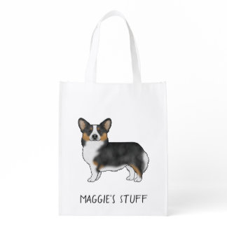 Black Tricolor Pembroke Welsh Corgi With Text Grocery Bag