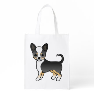 Black Tricolor Smooth Coat Chihuahua Cartoon Dog Grocery Bag