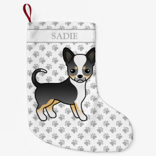 Black Tricolor Smooth Coat Chihuahua Dog & Name Small Christmas Stocking
