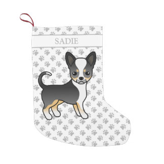 Black Tricolor Smooth Coat Chihuahua Dog &amp; Name Small Christmas Stocking