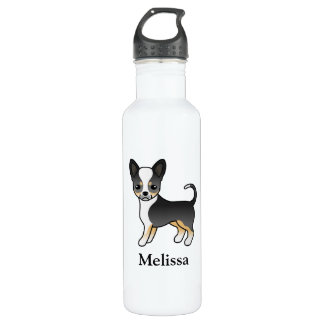 Black Tricolor Smooth Coat Chihuahua Dog &amp; Name Stainless Steel Water Bottle