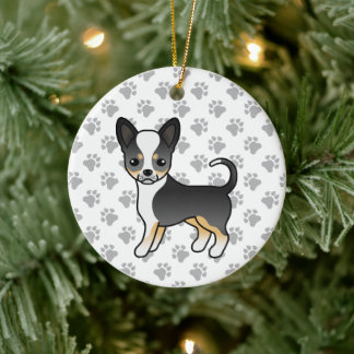 Black Tricolor Smooth Coat Chihuahua Dog &amp; Paws Ceramic Ornament