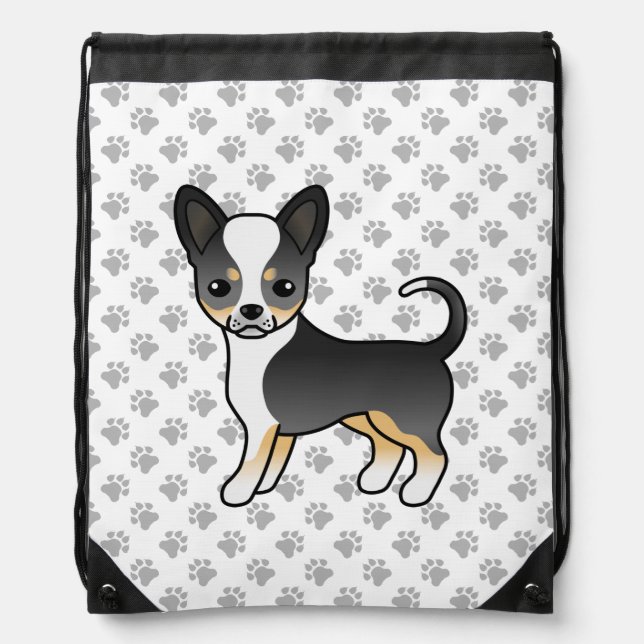 Black Tricolor Smooth Coat Chihuahua Dog & Paws Drawstring Bag (Front)