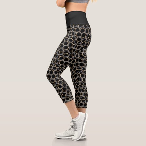 Black Trippy Honeycomb Hexagon Pattern Cool Dark Capri Leggings