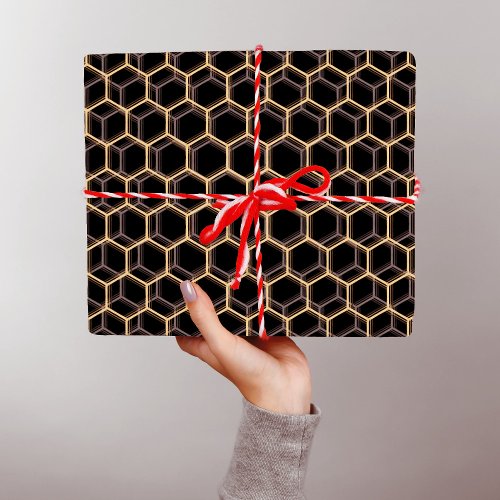 Black Trippy Honeycomb Hexagon Pattern Cool Dark Wrapping Paper