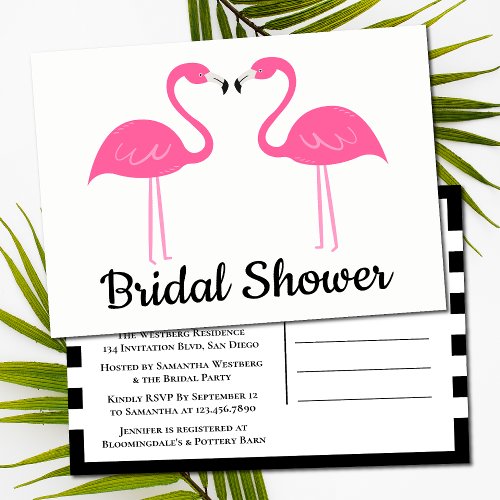Black Tropical Beach Pink Flamingo Bridal Shower Invitation Postcard