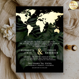 Black Tropical Destination World Map Wedding Gold Foil Invitation