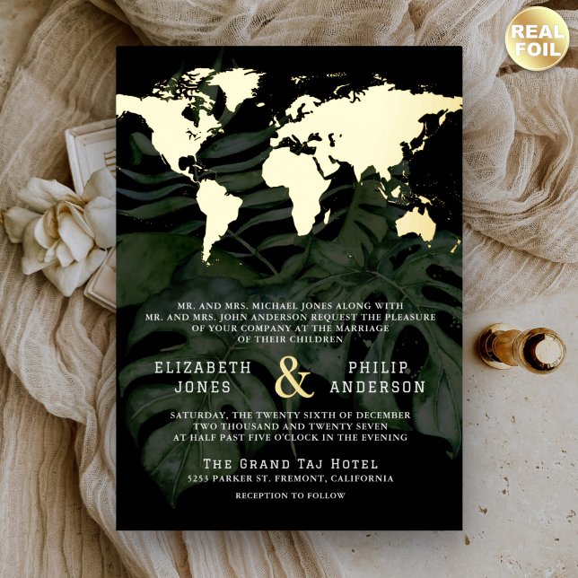 Black Tropical Destination World Map Wedding Gold Foil Invitation (Creator Uploaded)