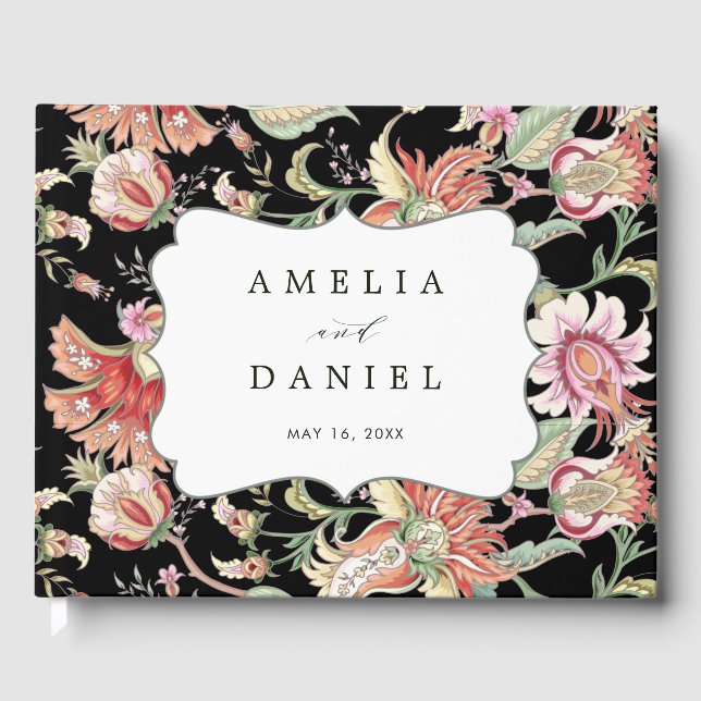 Black | Tropical Fantasy Boho Floral Wedding Guest Book (Front)