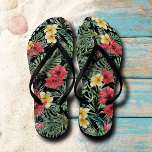 Black Tropical Floral Pattern Flip Flops