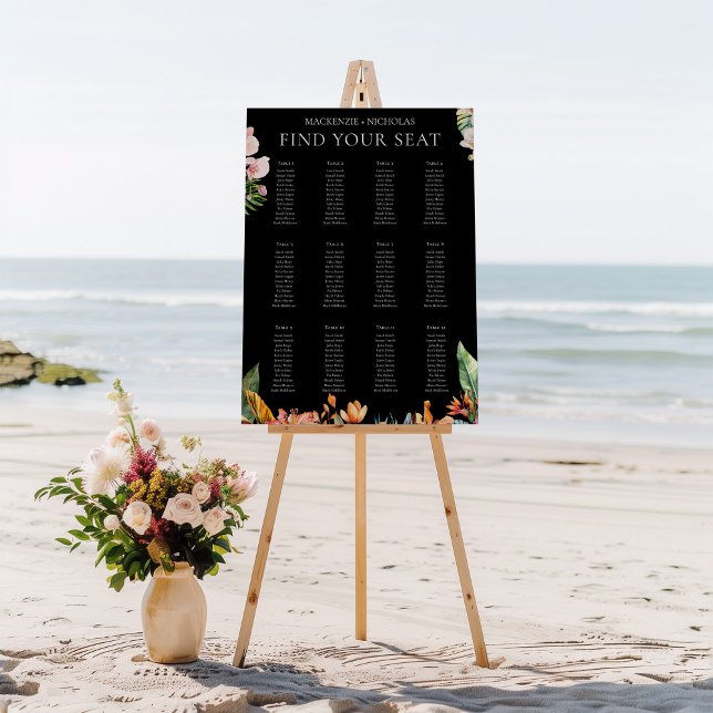 Black Tropical Floral Wedding Seating Chart Foam Board (tropical wedding seating chart sign black)