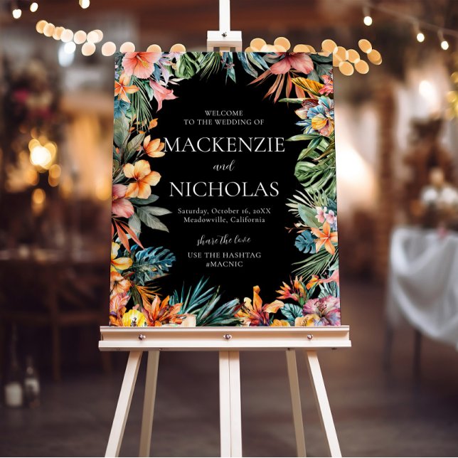 Black Tropical Floral Wedding Welcome Sign (tropical wedding sign black)