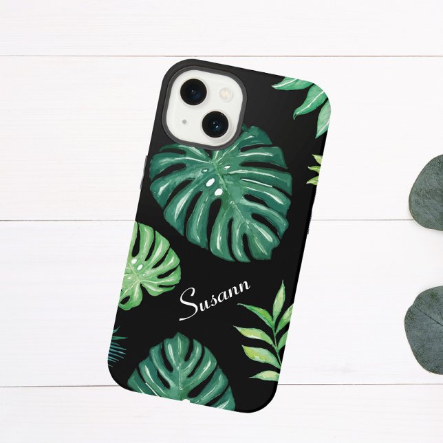 Black Tropical Leaf Pattern iPhone 14 Case (Creator Uploaded)