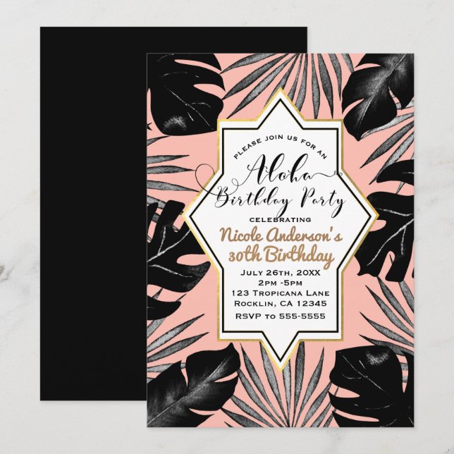 Black Tropical Leaves & Coral Peach Gold Birthday Invitation (Front/Back)