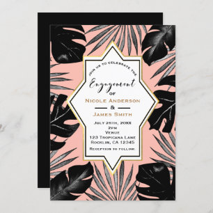 Black Tropical Leaves Coral Peach Gold Engagement Invitation