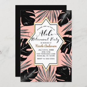 Black Tropical Leaves Coral Peach Gold Retirement Invitation