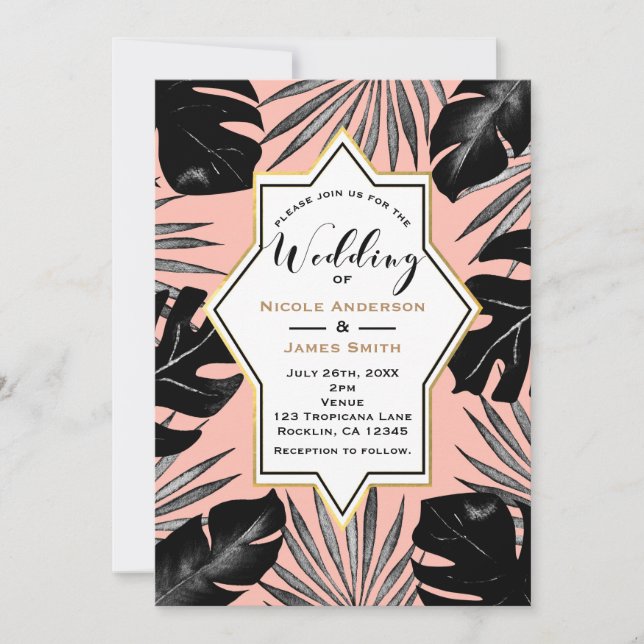 Black Tropical Leaves & Coral Peach Gold Wedding Invitation (Front)