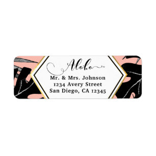 Black Tropical Leaves & Coral Peach Gold Wedding Label