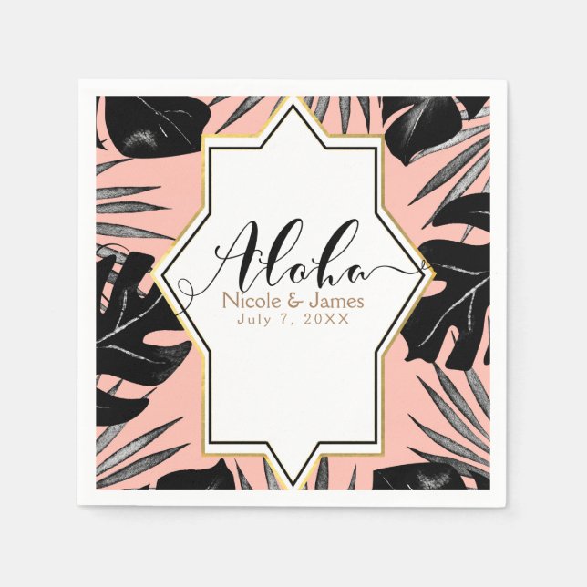 Black Tropical Leaves & Coral Peach Gold Wedding Napkins (Front)