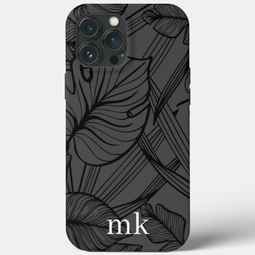 Black Tropical Leaves Monogram Personalized iPhone 13 Pro Max Case